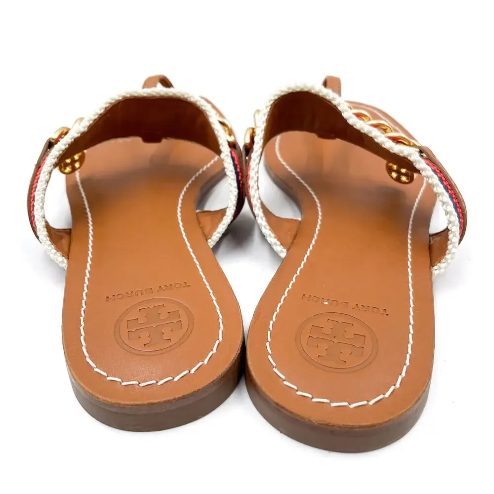 Tory Burch Mini Benton Chain Stripe Sandals Flat Brown Thong Leather Sz 6.5‎